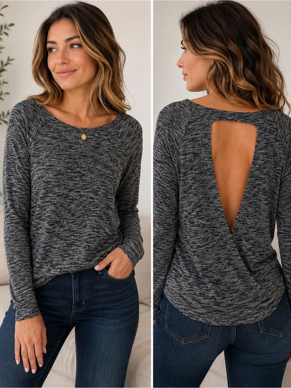 Express Women’s Medium Gray Open Back Long Sleeve Knit Top Cutout Sweater